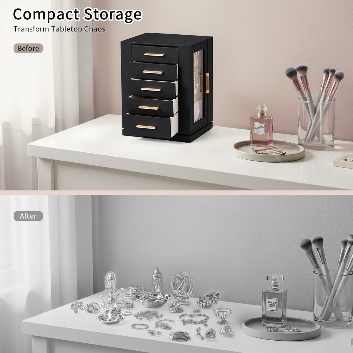 AEELLEEA 360° Rotating Jewelry Box Organizer with 5 Drawers, Velvet-Lined Jewelry Cabinet for Rings, Earrings & Necklaces, Black
