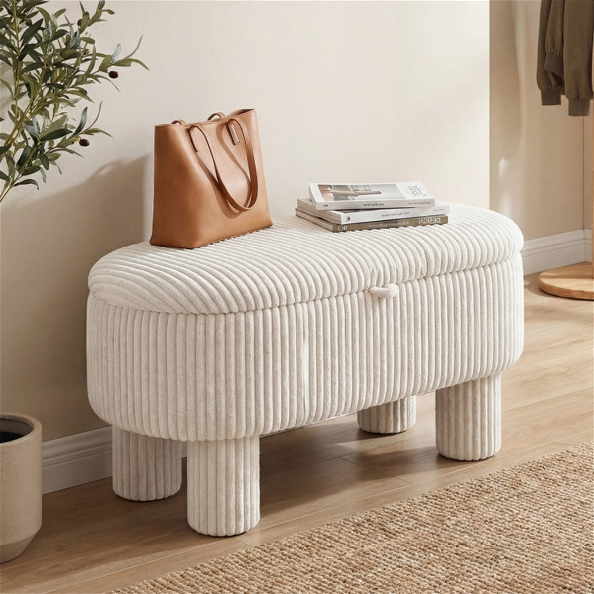 AEELLEEA 42" Corduroy Storage Bench with Hidden Storage, Upholstered Ottoman Footstool, 400 lb Capacity, Beige