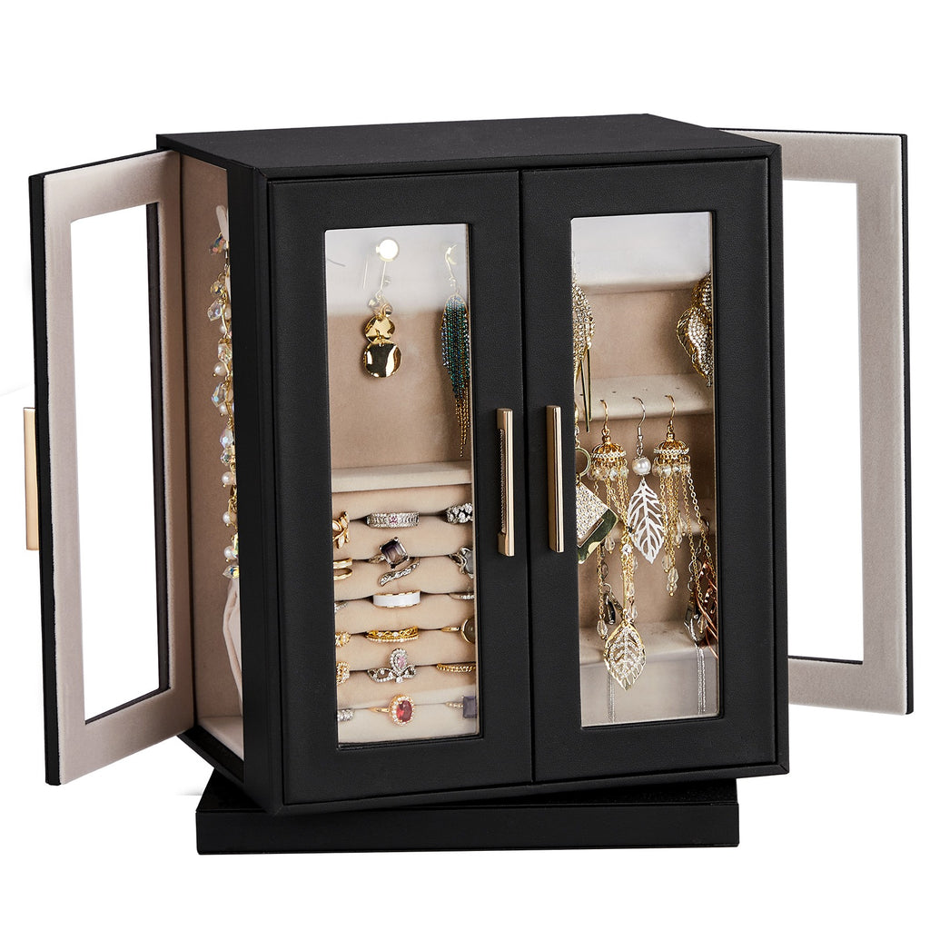 AEELLEEA 360° Rotating Jewelry Box Organizer with 5 Drawers, Velvet-Lined Jewelry Cabinet for Rings, Earrings & Necklaces, Black