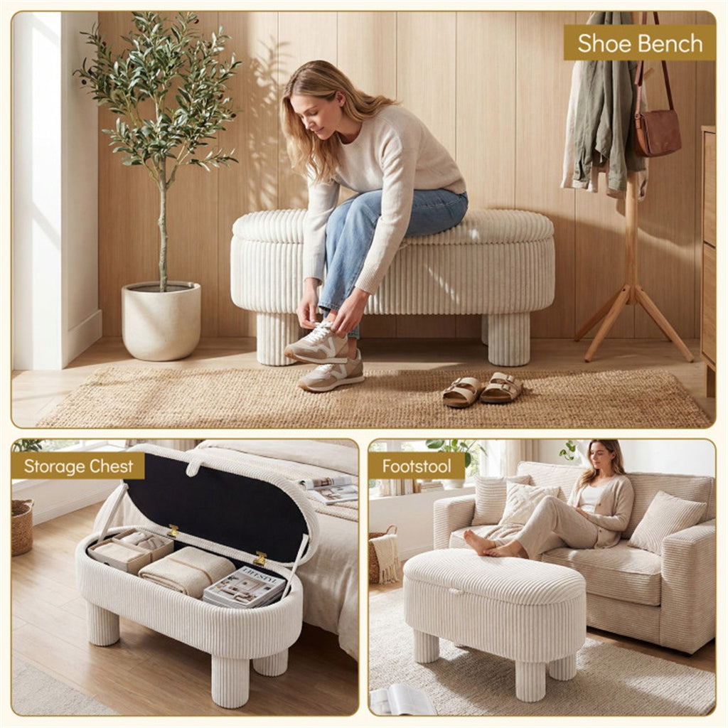 AEELLEEA 42" Corduroy Storage Bench with Hidden Storage, Upholstered Ottoman Footstool, 400 lb Capacity, Beige