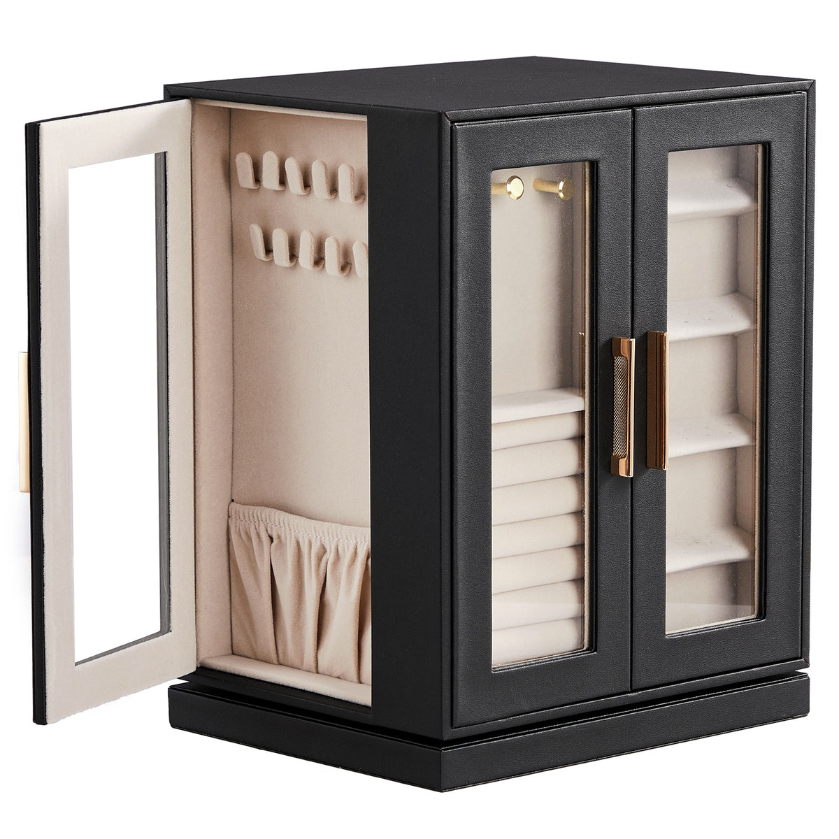 AEELLEEA 360° Rotating Jewelry Box Organizer with 5 Drawers, Velvet-Lined Jewelry Cabinet for Rings, Earrings & Necklaces, Black