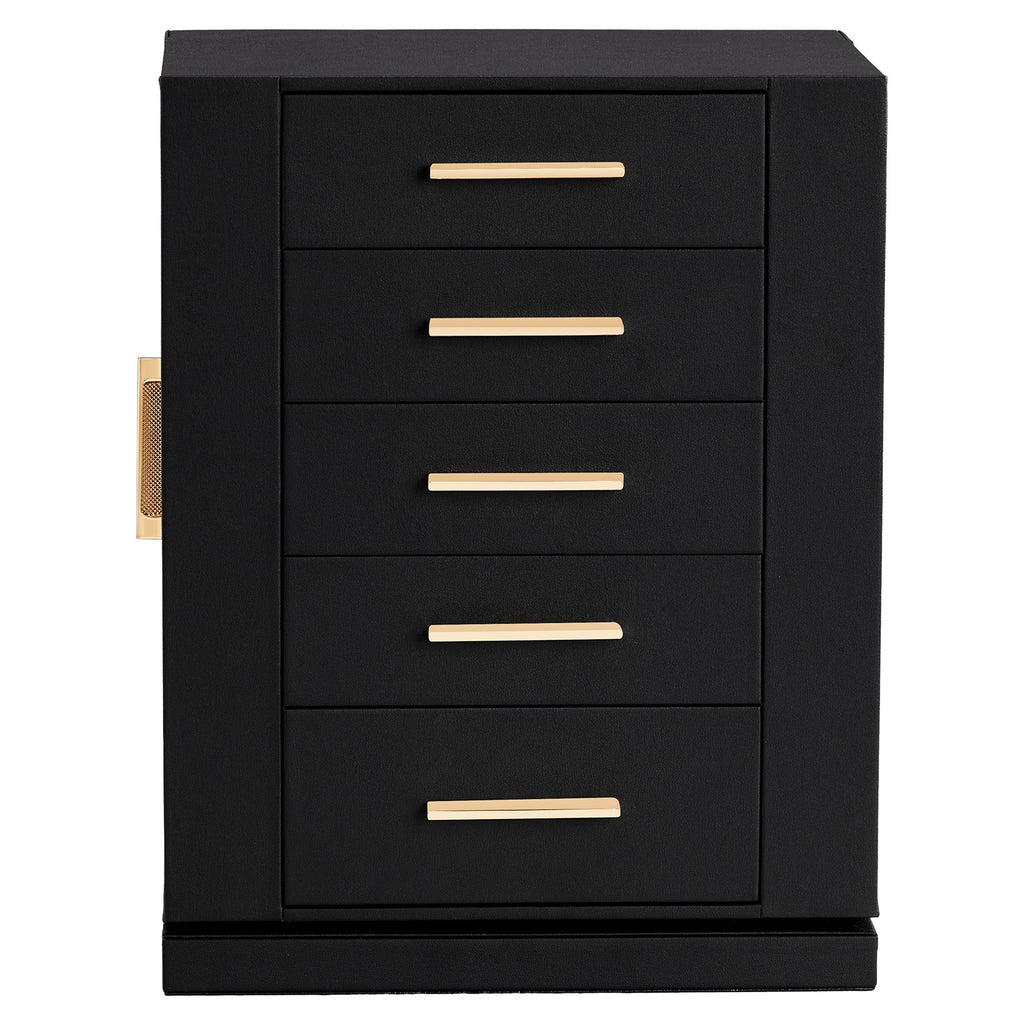 AEELLEEA 360° Rotating Jewelry Box Organizer with 5 Drawers, Velvet-Lined Jewelry Cabinet for Rings, Earrings & Necklaces, Black
