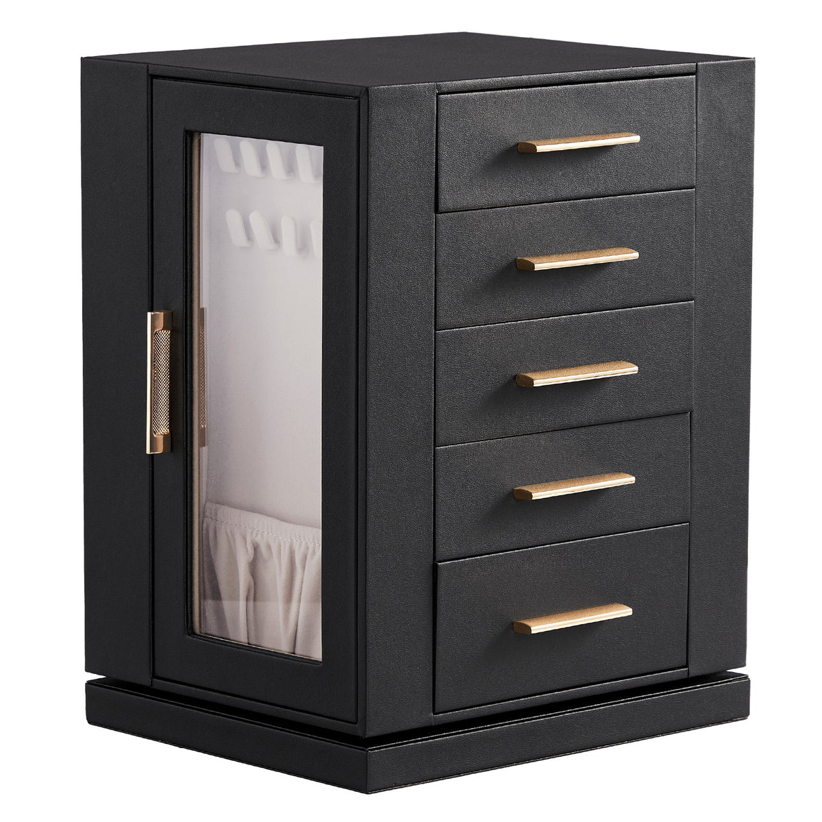 AEELLEEA 360° Rotating Jewelry Box Organizer with 5 Drawers, Velvet-Lined Jewelry Cabinet for Rings, Earrings & Necklaces, Black