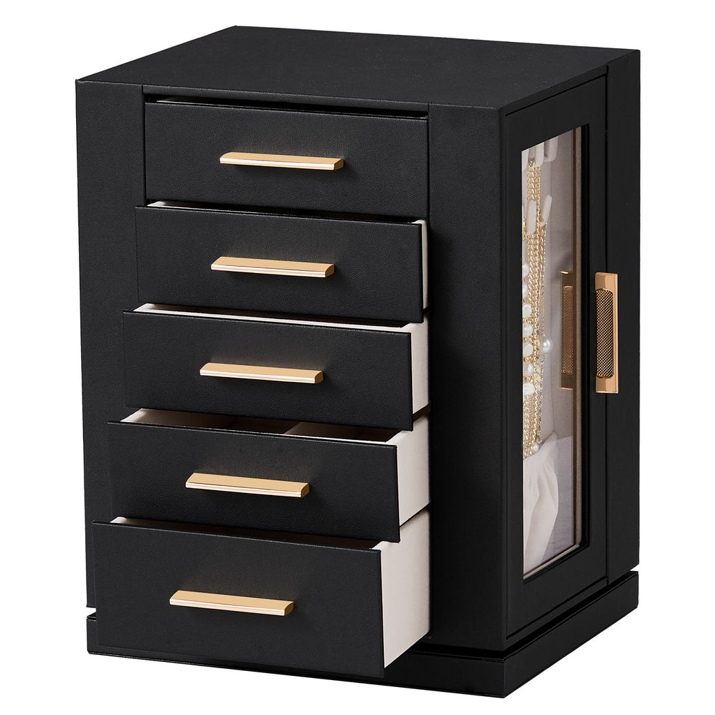 AEELLEEA 360° Rotating Jewelry Box Organizer with 5 Drawers, Velvet-Lined Jewelry Cabinet for Rings, Earrings & Necklaces, Black