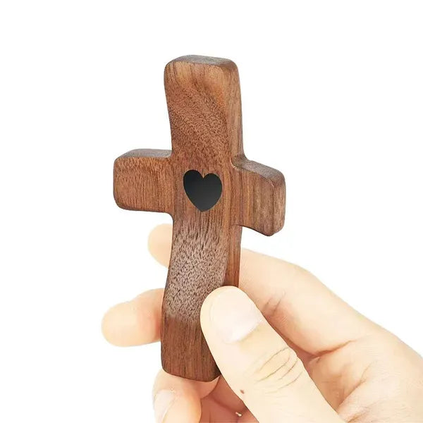 Mini Wooden Pocket Cross with Heart Accent, Handheld Christian Prayer Cross, 1.97in Religious Gift and Faith Decor, Brown