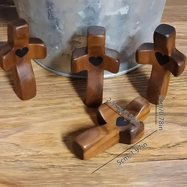 Mini Wooden Pocket Cross with Heart Accent, Handheld Christian Prayer Cross, 1.97in Religious Gift and Faith Decor, Brown