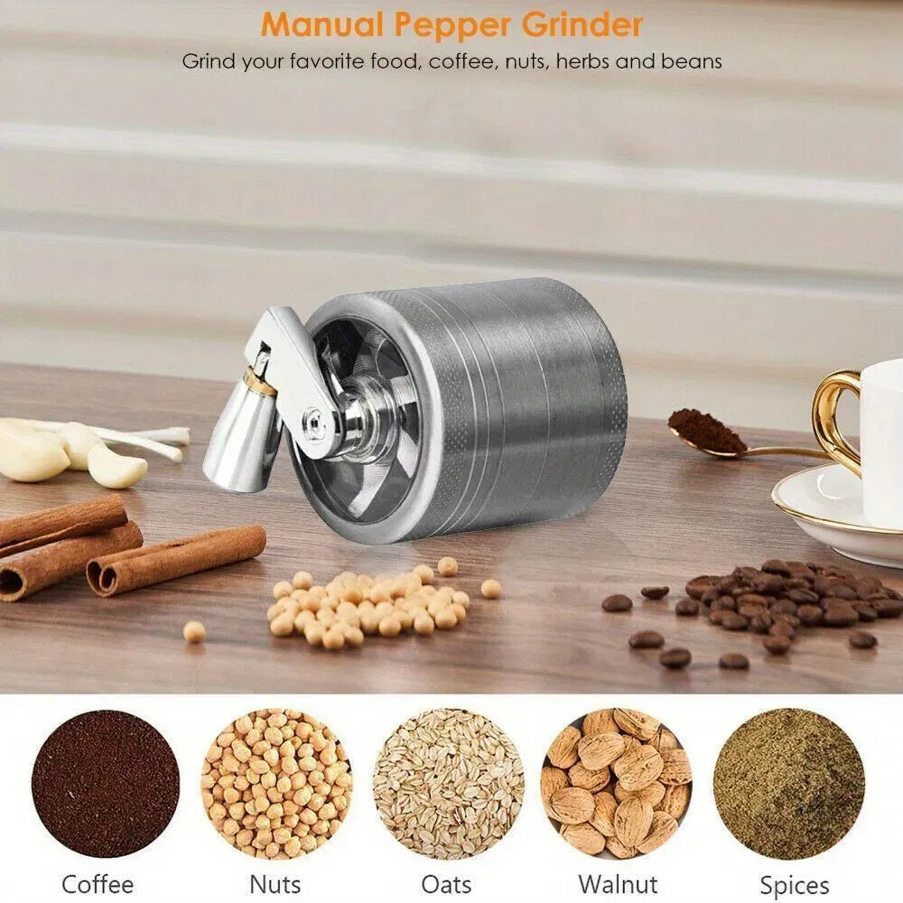 Zinc Alloy Manual Spice Grinder with Hand Crank, 4-Layer Herb Pepper Grinder, Portable Coffee Nut Crusher for Kitchen