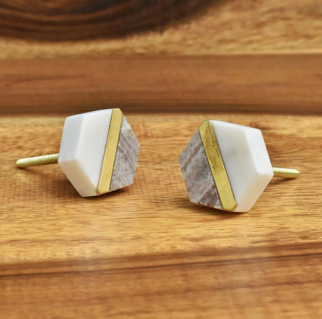 Natural Stone Hexagon Cabinet Knob with Gold Accent, Decorative Drawer and Dresser Furniture Hardware, White and Gray