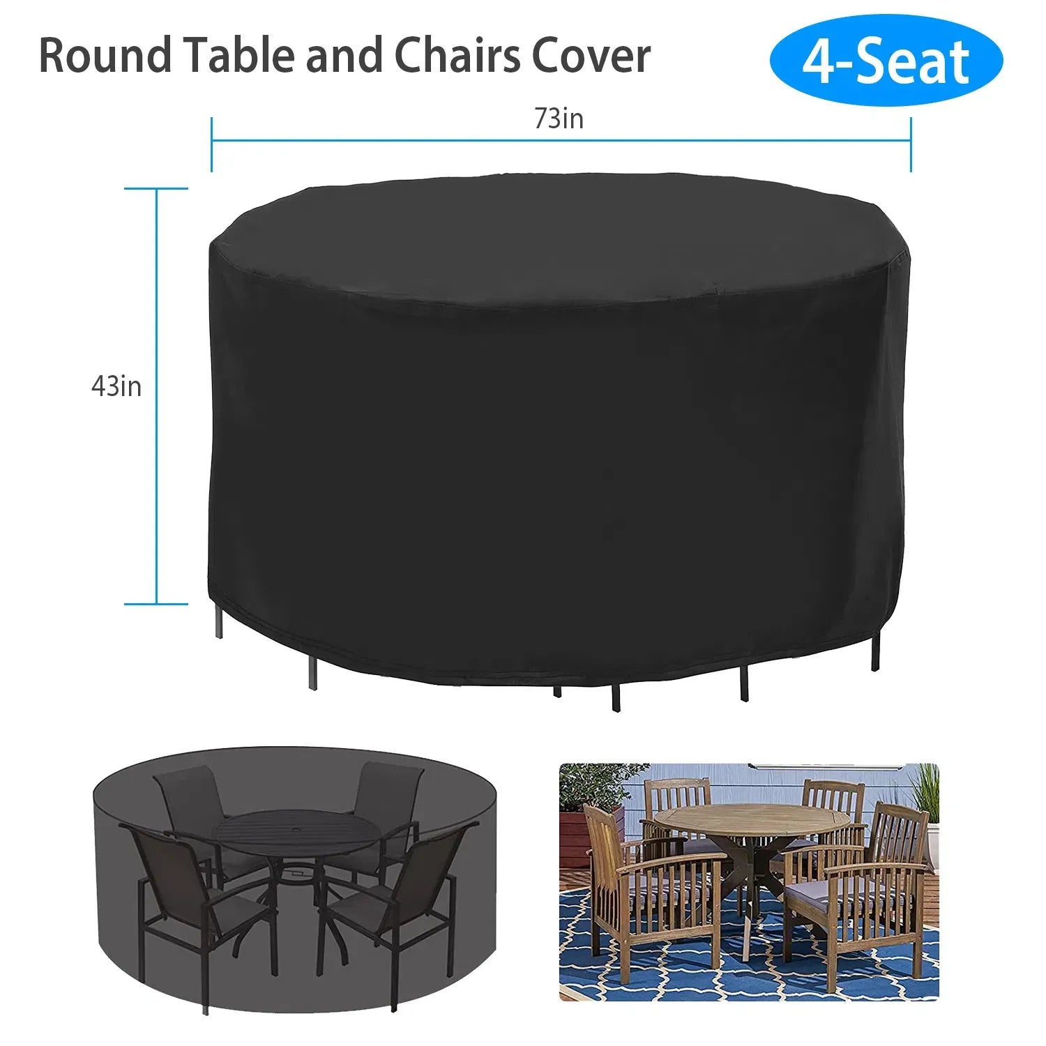 73 Inch Round Patio Table and Chairs Cover for 4-Seat, 190T Waterproof Outdoor Furniture Protector, UV Resistant, Dustproof, Snowproof, Black