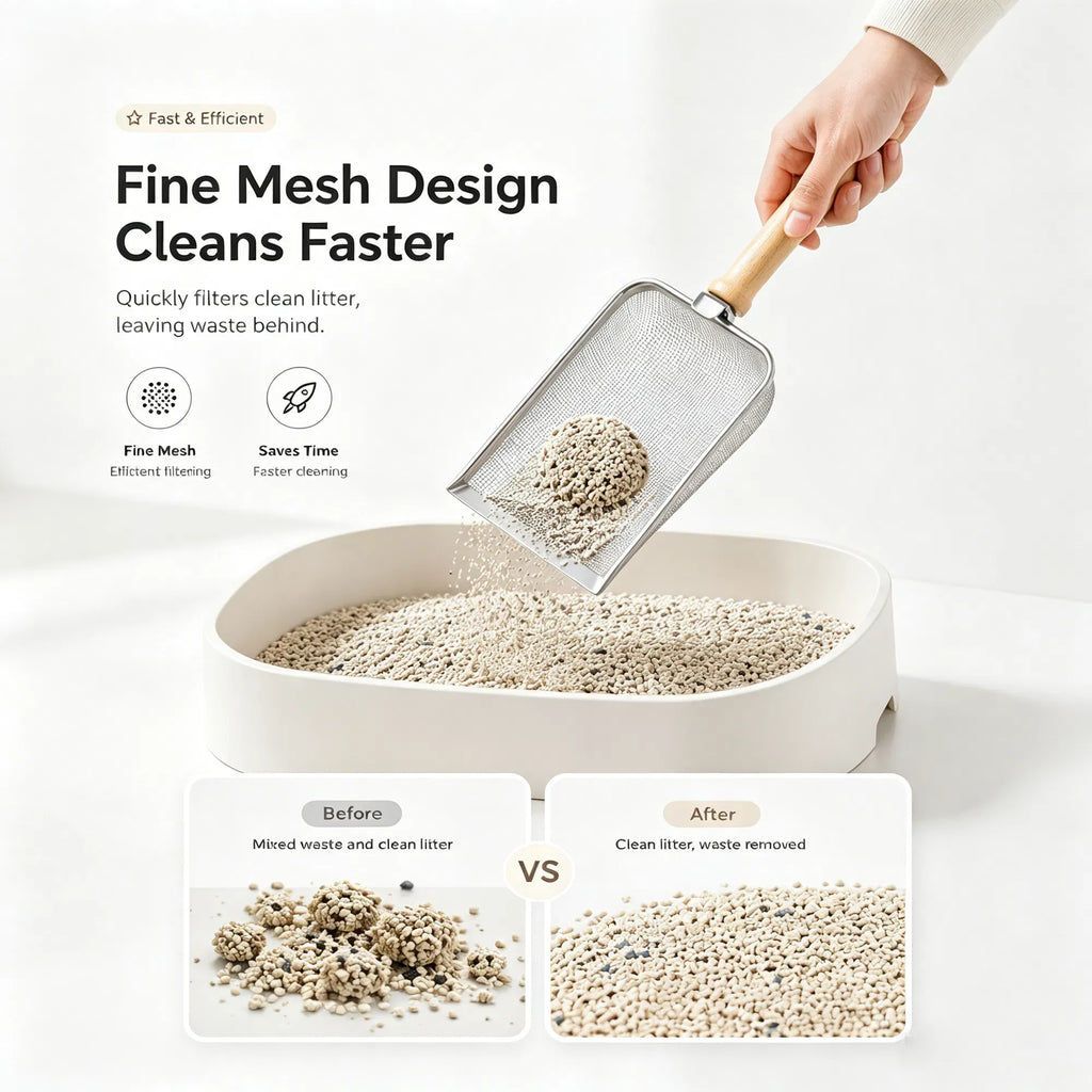 Stainless Steel Cat Litter Scoop with Natural Beech Wood Handle, Fine Mesh Metal Litter Sifter with Hanging Hook
