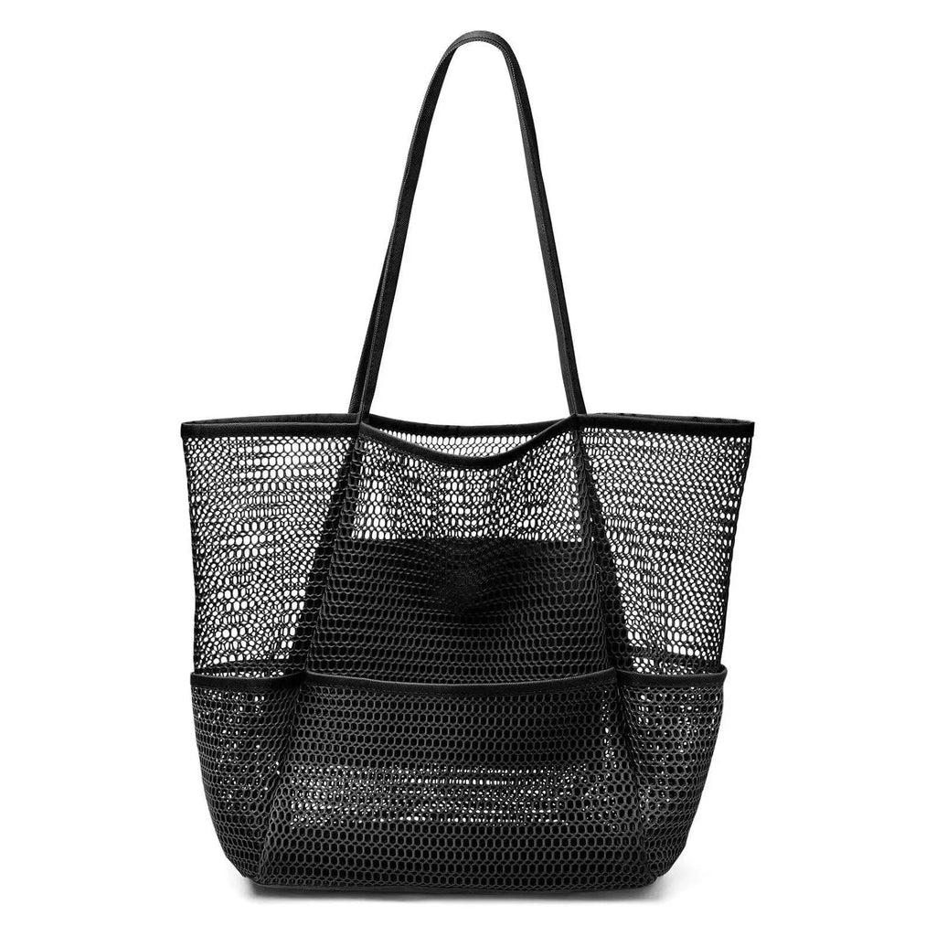 Mesh Beach Tote Bag, Large Capacity Breathable Mesh Shoulder Bag with Multi‑Pockets, Lightweight Beach Travel Swim Pool Handbag for Women