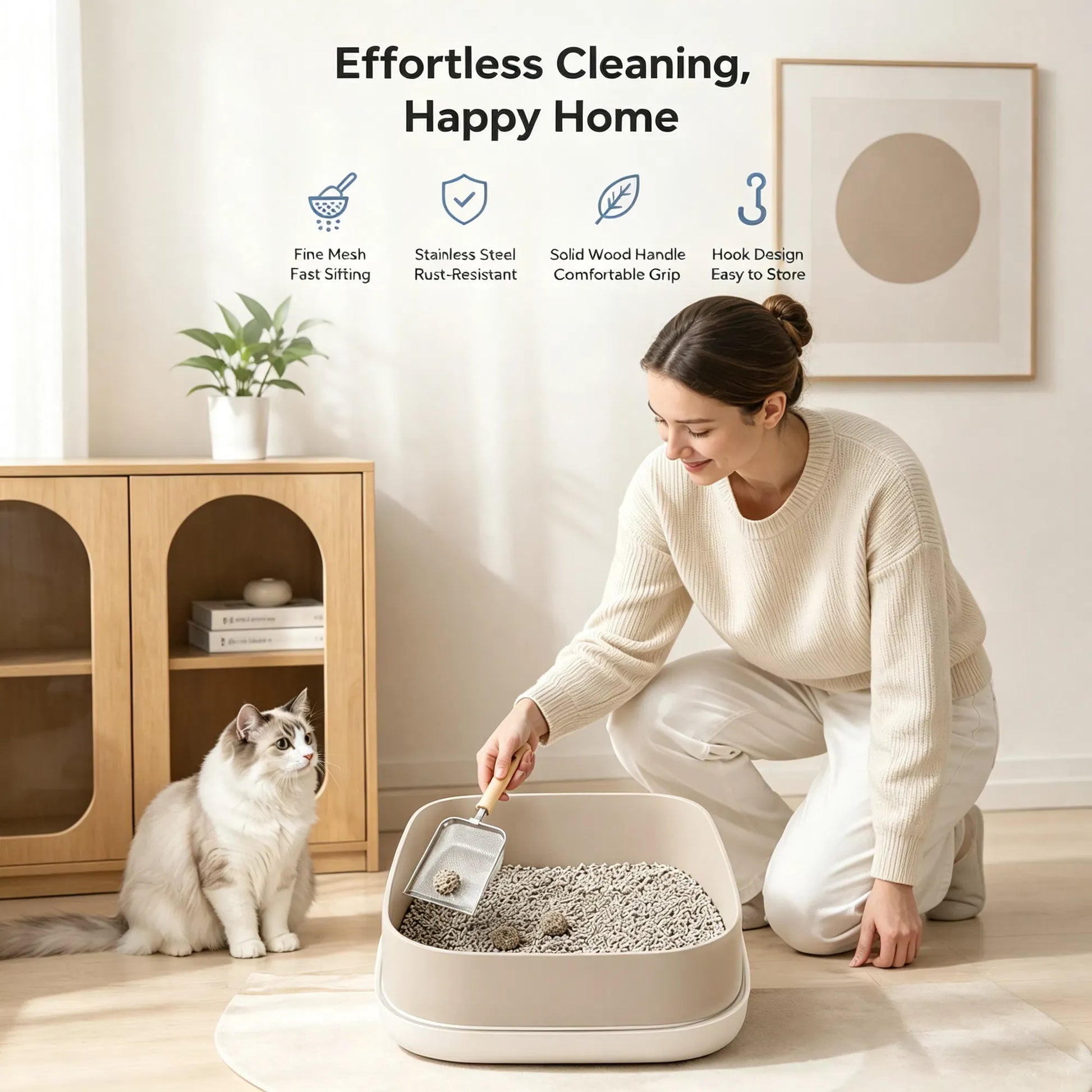 Stainless Steel Cat Litter Scoop with Natural Beech Wood Handle, Fine Mesh Metal Litter Sifter with Hanging Hook