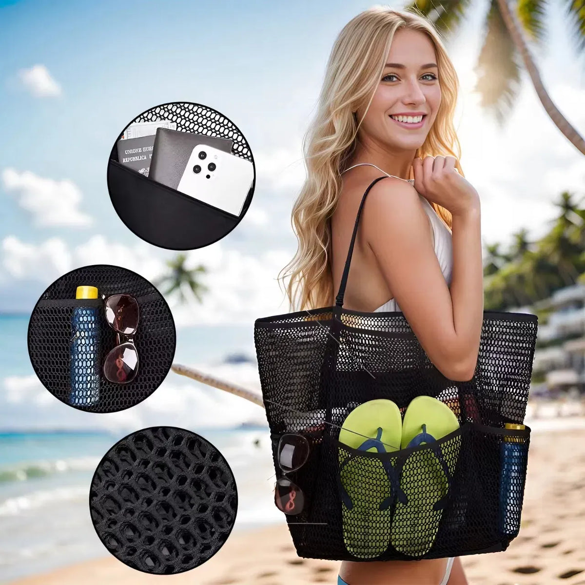 Mesh Beach Tote Bag, Large Capacity Breathable Mesh Shoulder Bag with Multi‑Pockets, Lightweight Beach Travel Swim Pool Handbag for Women