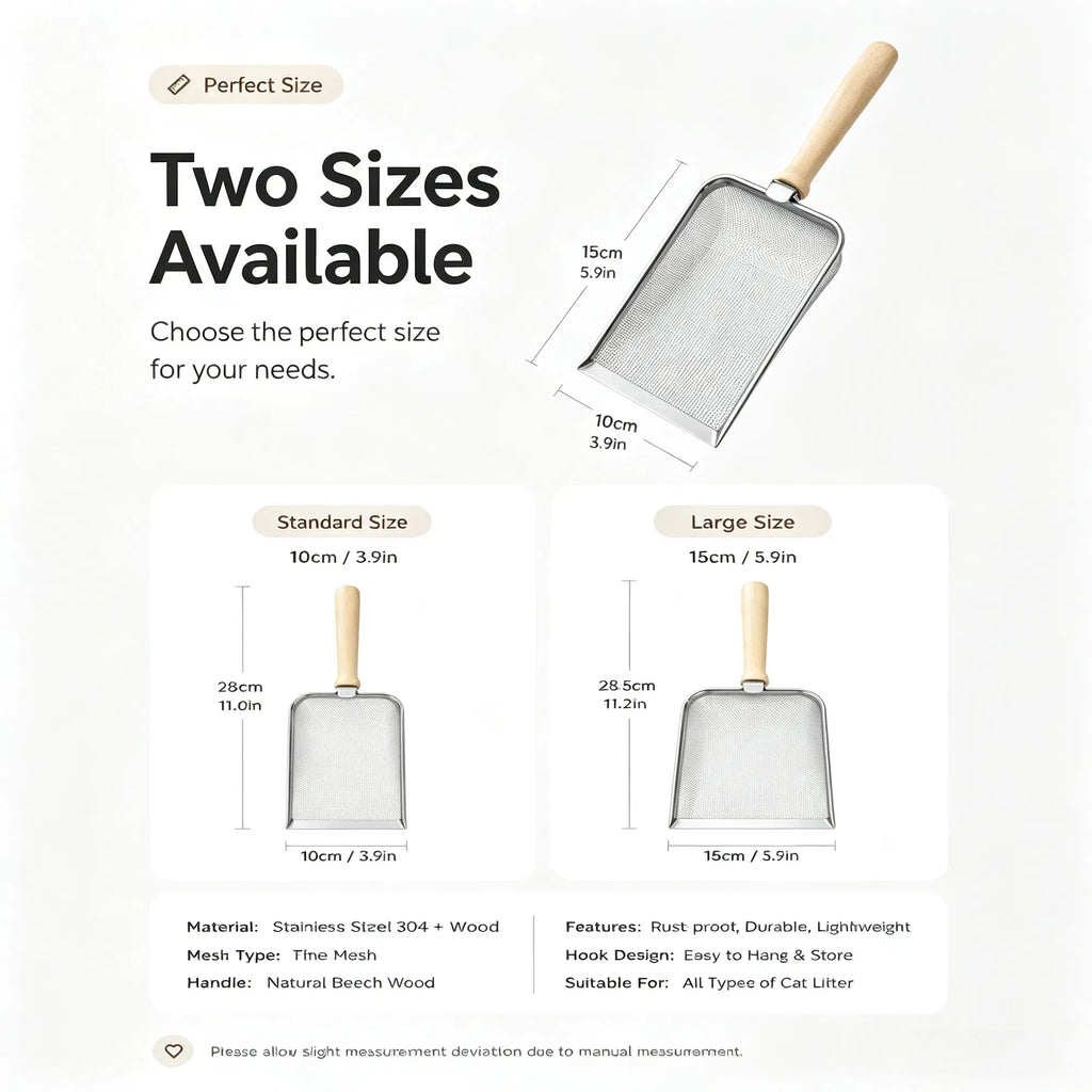 Stainless Steel Cat Litter Scoop with Natural Beech Wood Handle, Fine Mesh Metal Litter Sifter with Hanging Hook