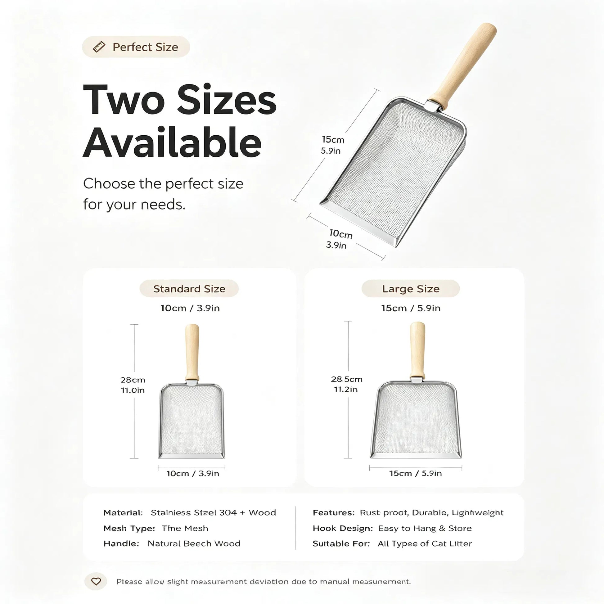 Stainless Steel Cat Litter Scoop with Natural Beech Wood Handle, Fine Mesh Metal Litter Sifter with Hanging Hook
