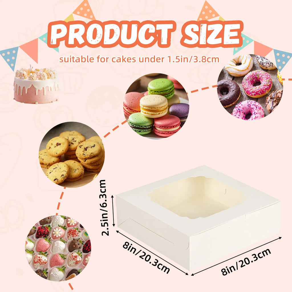 60Pcs 8 Inch White Cookie Boxes with Window, Disposable Paper Bakery Boxes, Easy Assemble Treat Boxes for Donuts Macarons Pastries Desserts