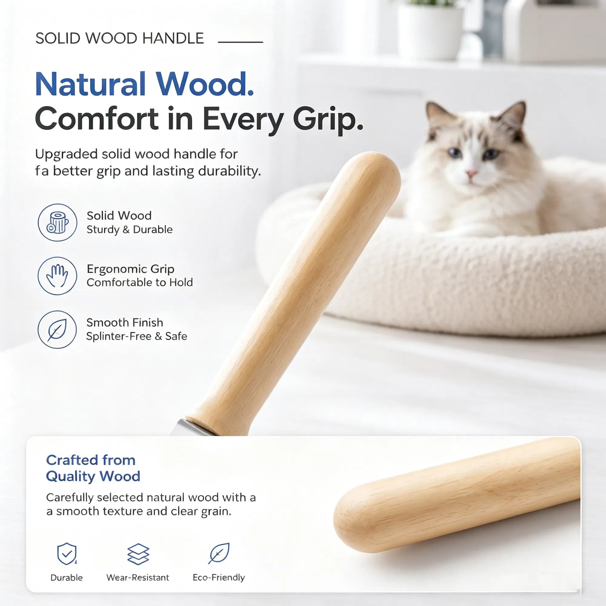 Stainless Steel Cat Litter Scoop with Natural Beech Wood Handle, Fine Mesh Metal Litter Sifter with Hanging Hook