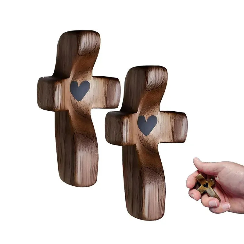 Mini Wooden Pocket Cross with Heart Accent, Handheld Christian Prayer Cross, 1.97in Religious Gift and Faith Decor, Brown