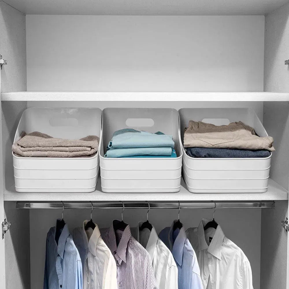 3‑Pack White Plastic Storage Bins with Cutout Handles, Open‑Top Organizer Bins for Cabinet, Closet, Pantry, Multi‑Purpose Household Storage Containers