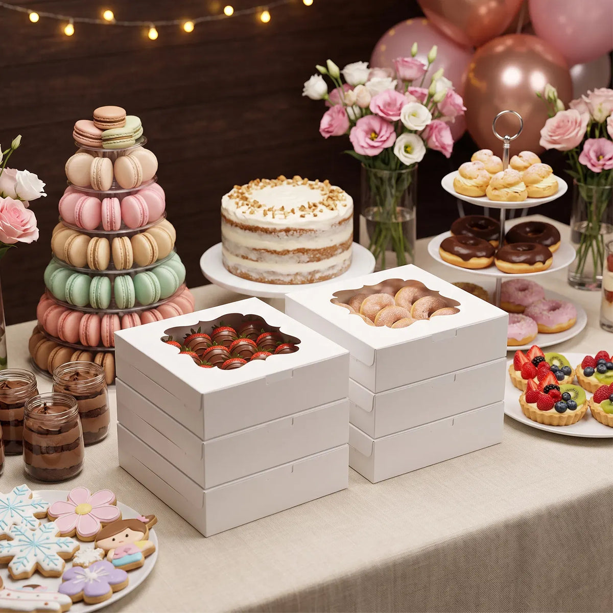 60Pcs 8 Inch White Cookie Boxes with Window, Disposable Paper Bakery Boxes, Easy Assemble Treat Boxes for Donuts Macarons Pastries Desserts