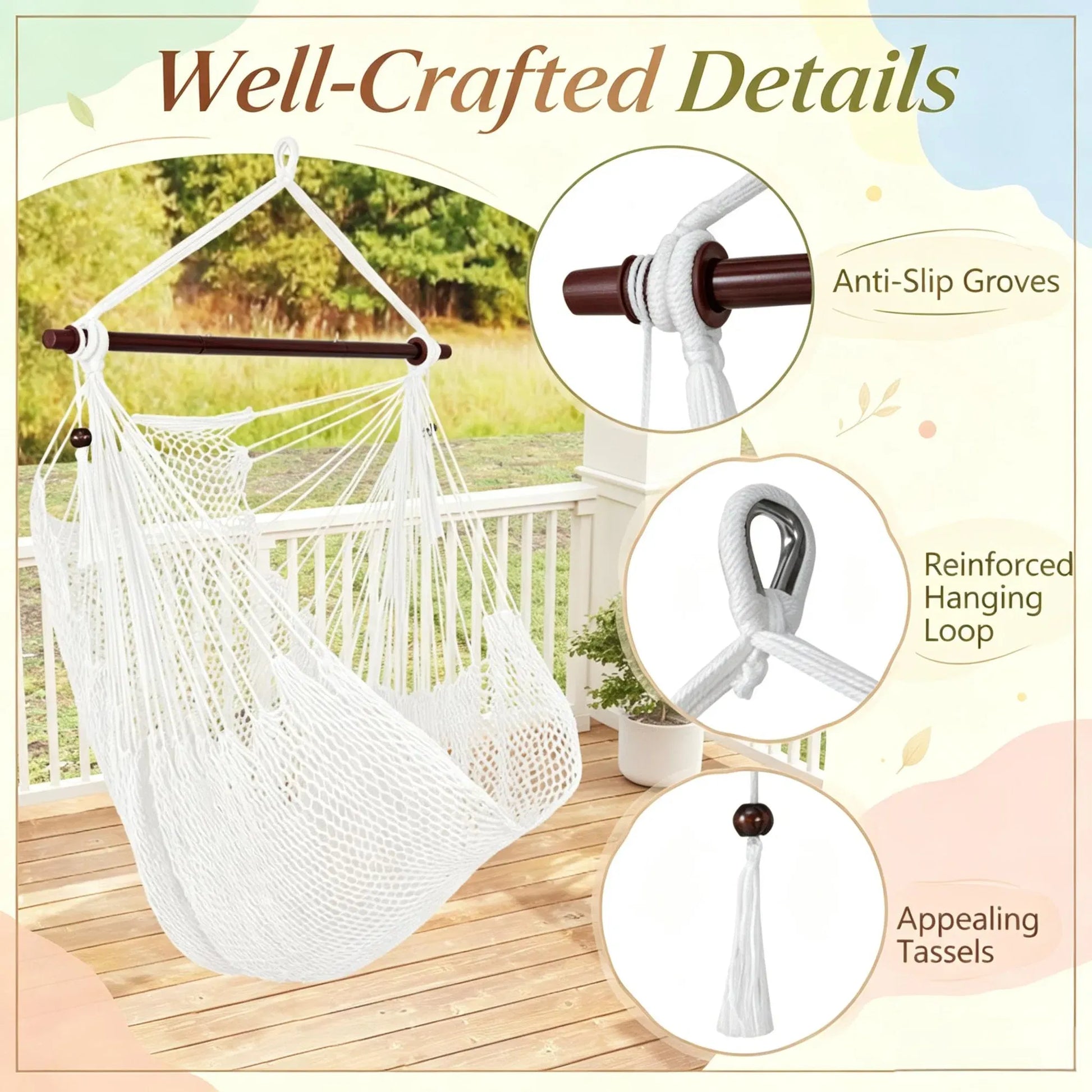 Caribbean Hammock Chair, Woven Rope Hanging Swing with Metal Spreader Bar, 330 lbs Capacity Polyester Hammock for Indoor Outdoor Patio