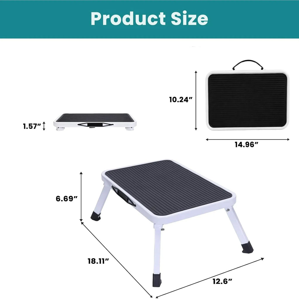 Foldable Steel Step Stool with Non-Slip Rubber Platform, Portable Handle, 330 lb Capacity, 6.69 in Height, White/Black