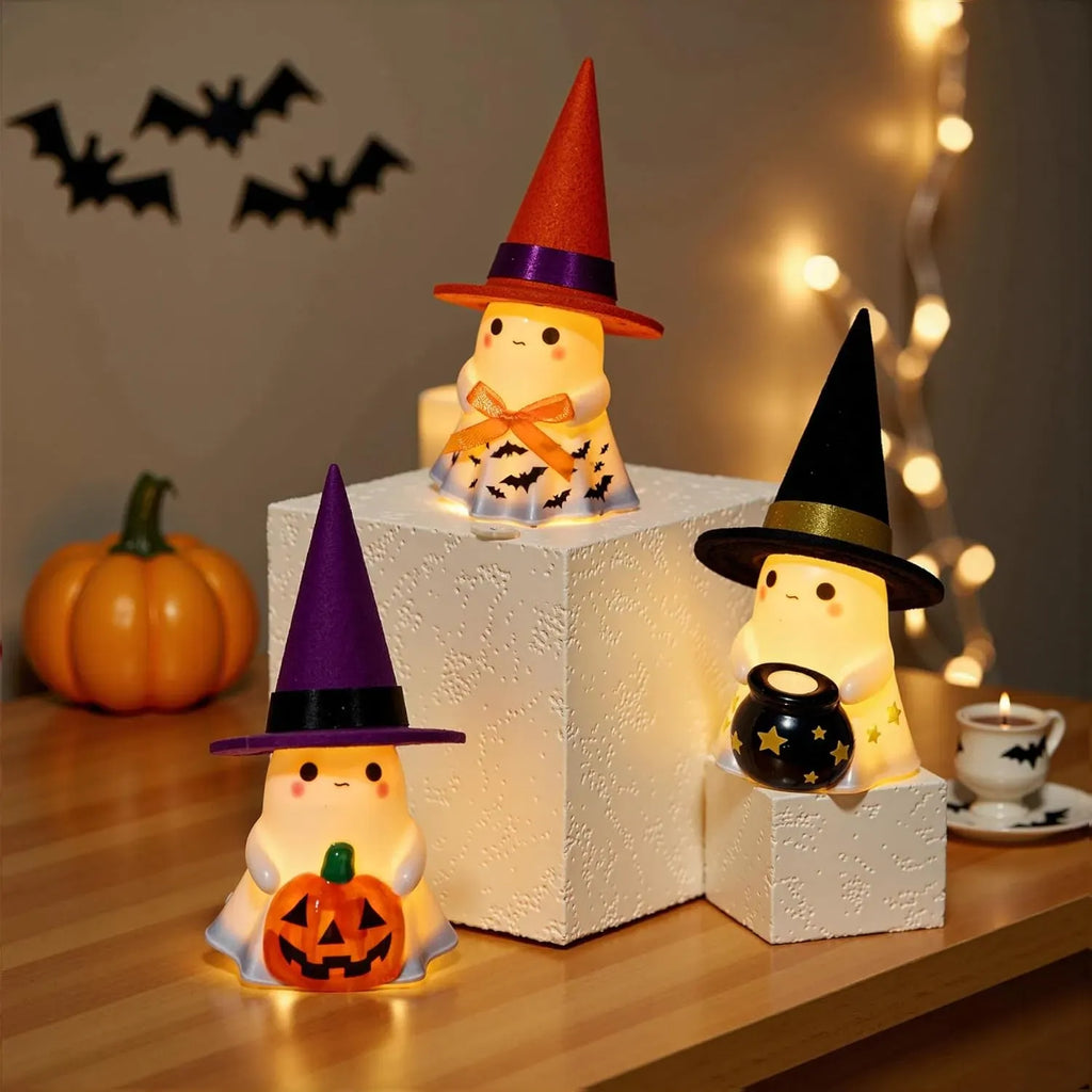 3pc Light-Up Ceramic Ghost Halloween Decorations with Witch Hats, Pumpkin & Cauldron, Indoor Tabletop Decor