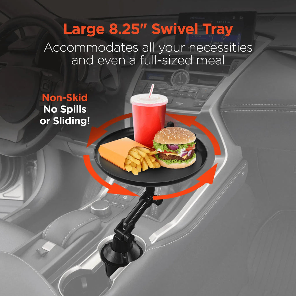 Car Cup Holder Food Tray, 8.25" Swivel Adjustable Car Desk with Phone Mount, Expandable Base Non‑Slip Vehicle Eating Tray for Car, Truck, SUV, Minivan