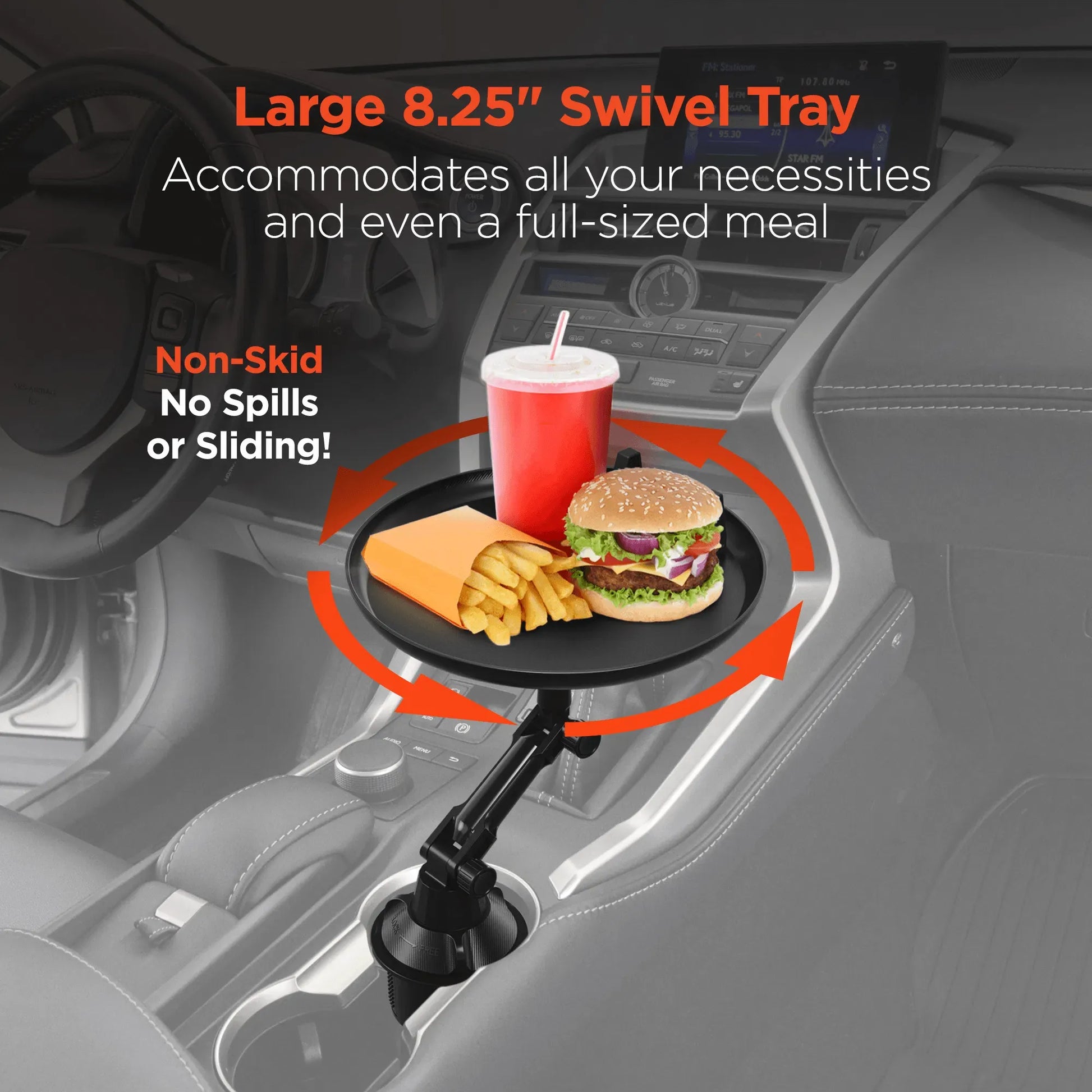 Car Cup Holder Food Tray, 8.25" Swivel Adjustable Car Desk with Phone Mount, Expandable Base Non‑Slip Vehicle Eating Tray for Car, Truck, SUV, Minivan