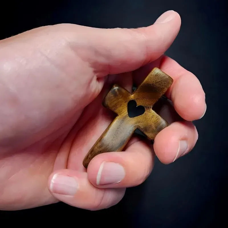 Mini Wooden Pocket Cross with Heart Accent, Handheld Christian Prayer Cross, 1.97in Religious Gift and Faith Decor, Brown