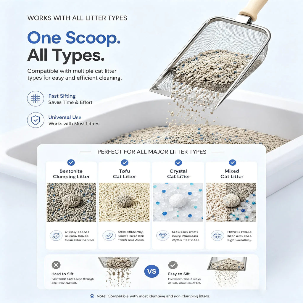 Stainless Steel Cat Litter Scoop with Natural Beech Wood Handle, Fine Mesh Metal Litter Sifter with Hanging Hook