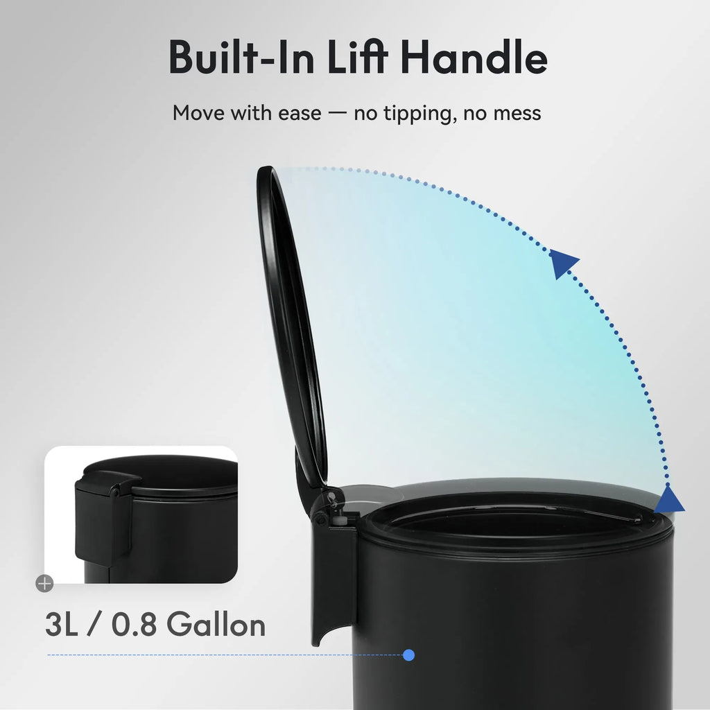 3L Pedal Trash Can, Black Stainless Steel Small Step Waste Bin with Removable Inner Bucket, Rust‑Proof for Bathroom, Bedroom & Office