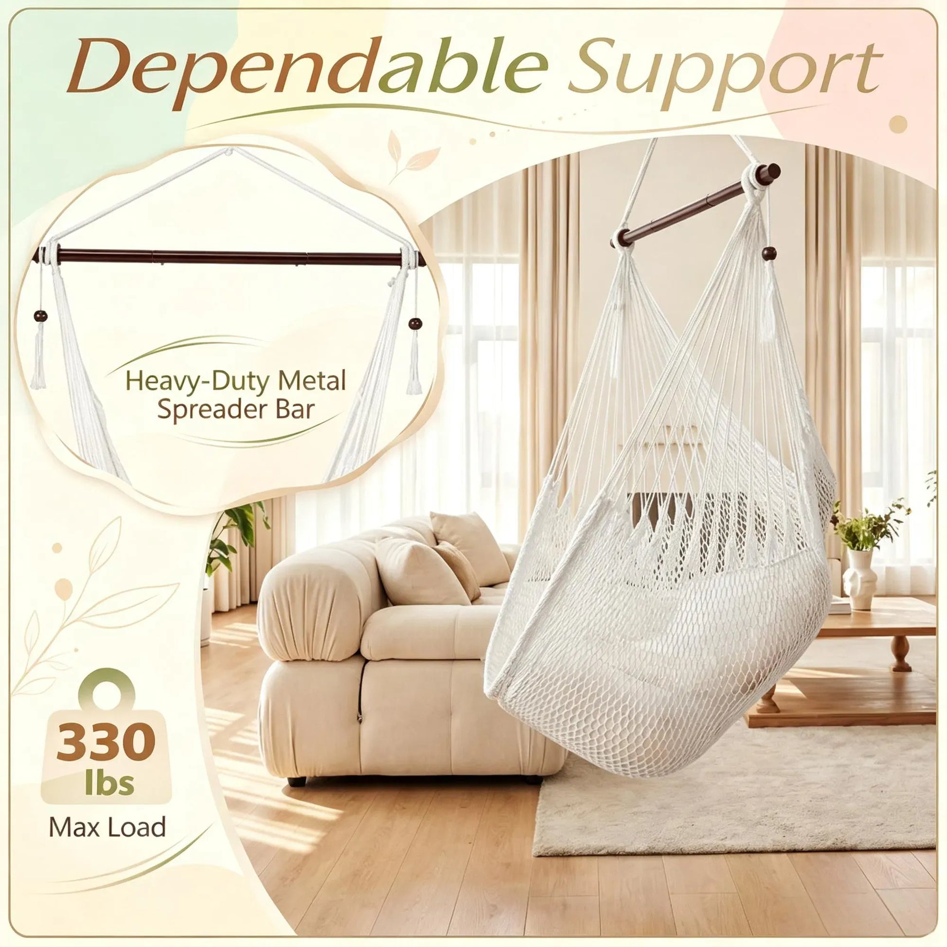 Caribbean Hammock Chair, Woven Rope Hanging Swing with Metal Spreader Bar, 330 lbs Capacity Polyester Hammock for Indoor Outdoor Patio