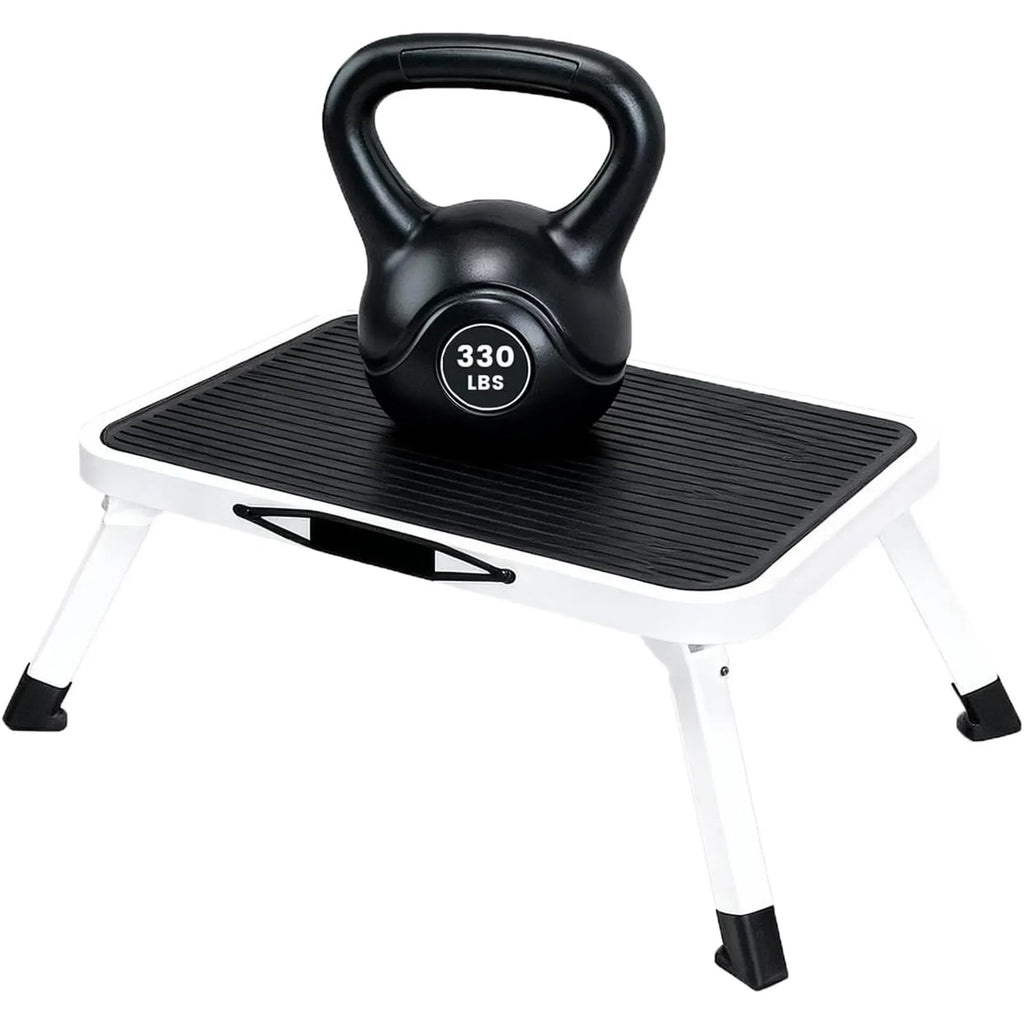 Foldable Steel Step Stool with Non-Slip Rubber Platform, Portable Handle, 330 lb Capacity, 6.69 in Height, White/Black