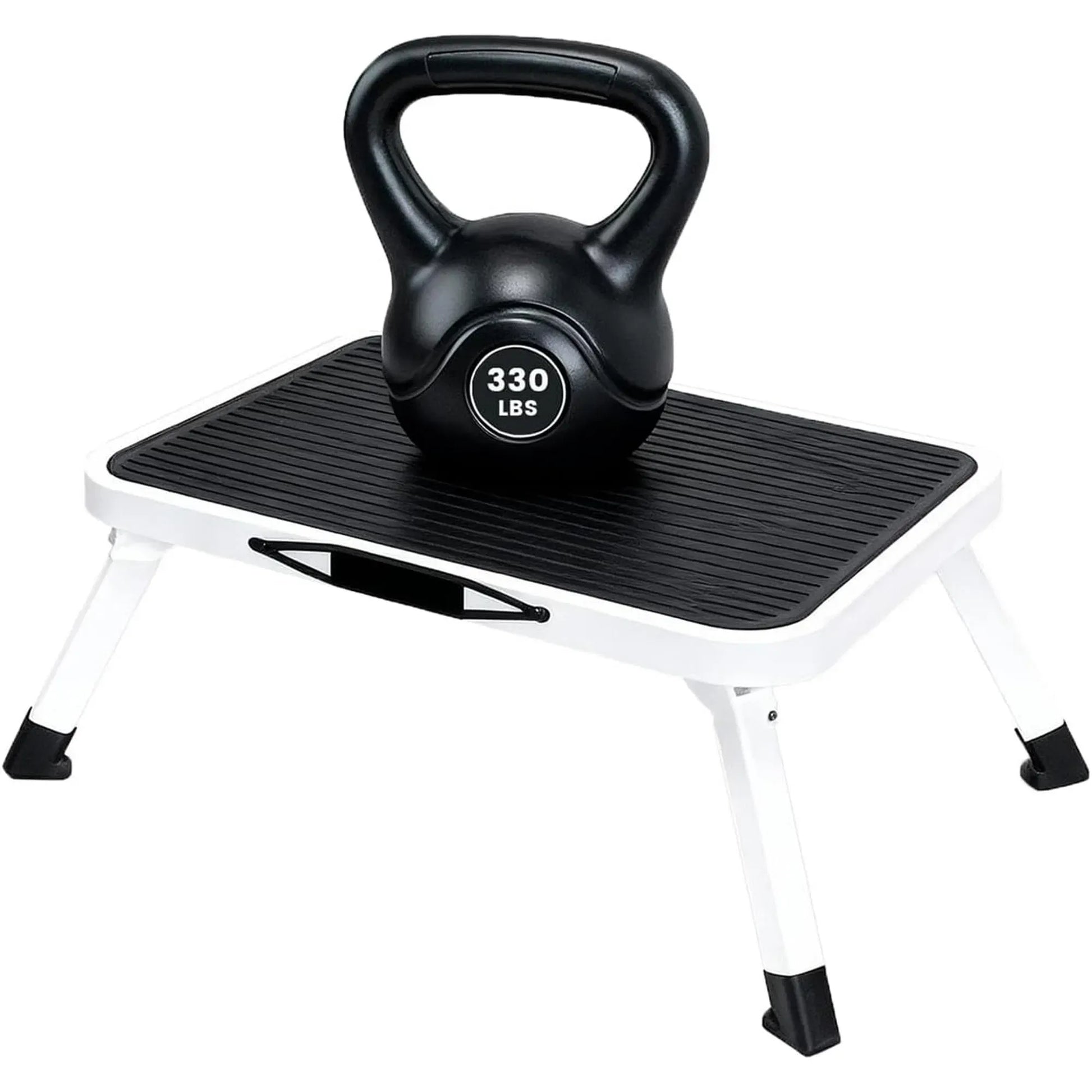 Foldable Steel Step Stool with Non-Slip Rubber Platform, Portable Handle, 330 lb Capacity, 6.69 in Height, White/Black