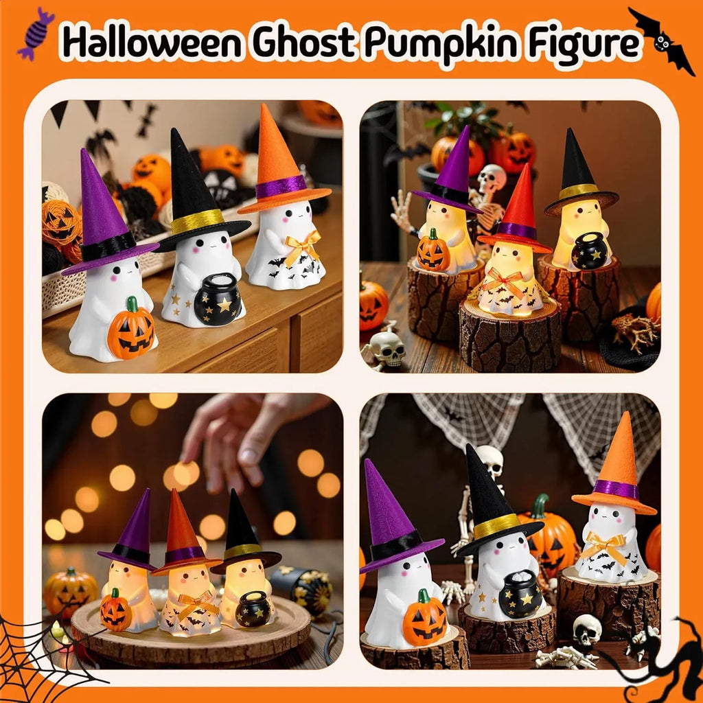 3pc Light-Up Ceramic Ghost Halloween Decorations with Witch Hats, Pumpkin & Cauldron, Indoor Tabletop Decor