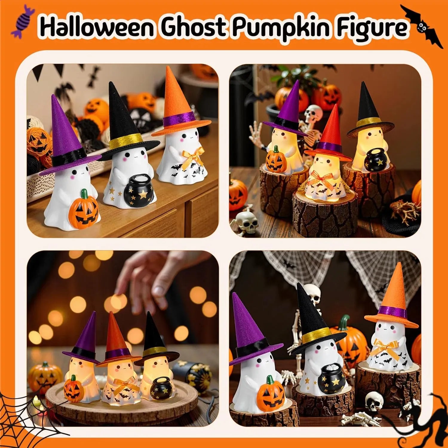 3pc Light-Up Ceramic Ghost Halloween Decorations with Witch Hats, Pumpkin & Cauldron, Indoor Tabletop Decor