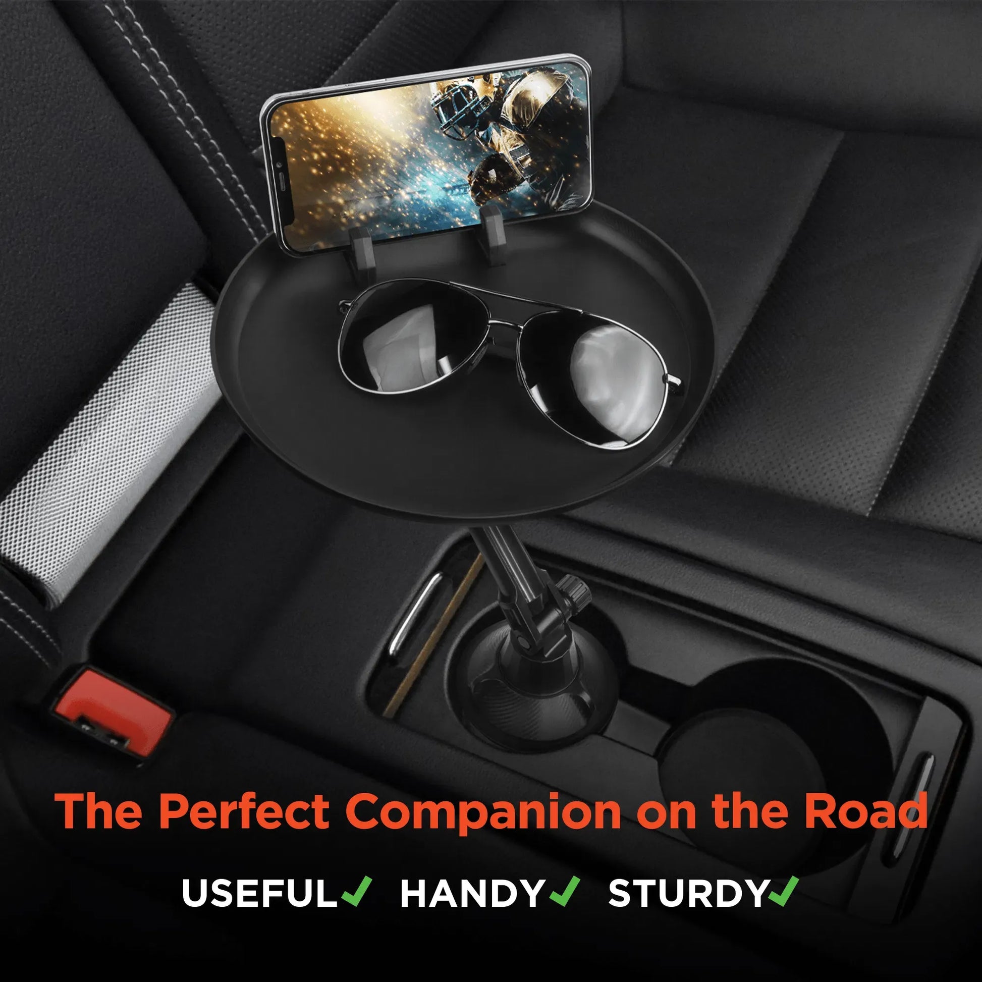 Car Cup Holder Food Tray, 8.25" Swivel Adjustable Car Desk with Phone Mount, Expandable Base Non‑Slip Vehicle Eating Tray for Car, Truck, SUV, Minivan