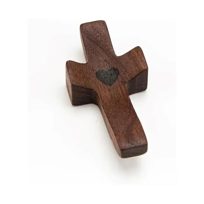 Mini Wooden Pocket Cross with Heart Accent, Handheld Christian Prayer Cross, 1.97in Religious Gift and Faith Decor, Brown