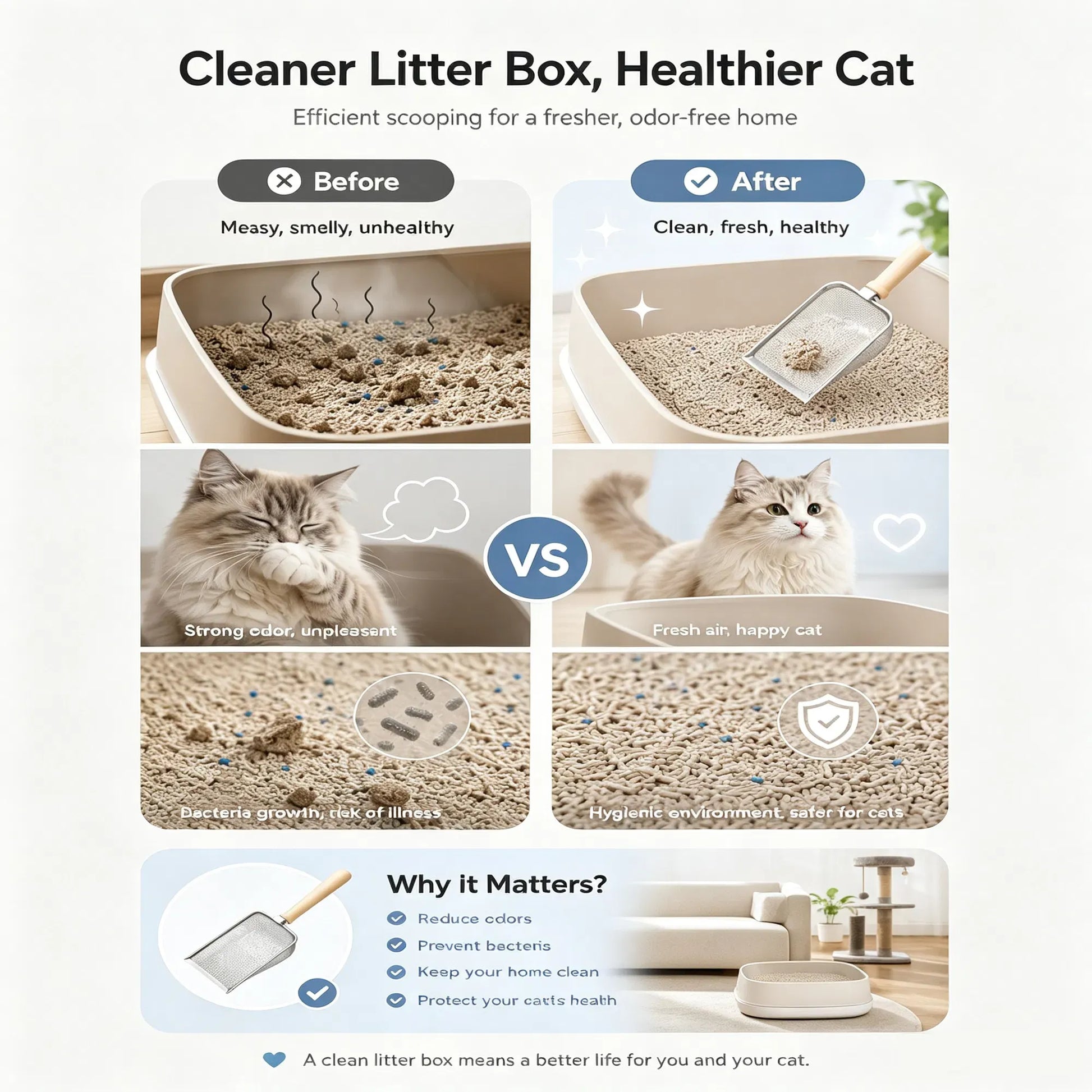 Stainless Steel Cat Litter Scoop with Natural Beech Wood Handle, Fine Mesh Metal Litter Sifter with Hanging Hook