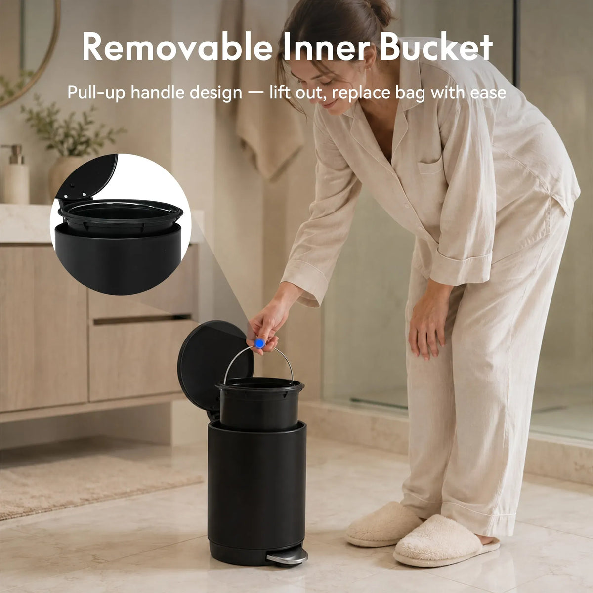 3L Pedal Trash Can, Black Stainless Steel Small Step Waste Bin with Removable Inner Bucket, Rust‑Proof for Bathroom, Bedroom & Office