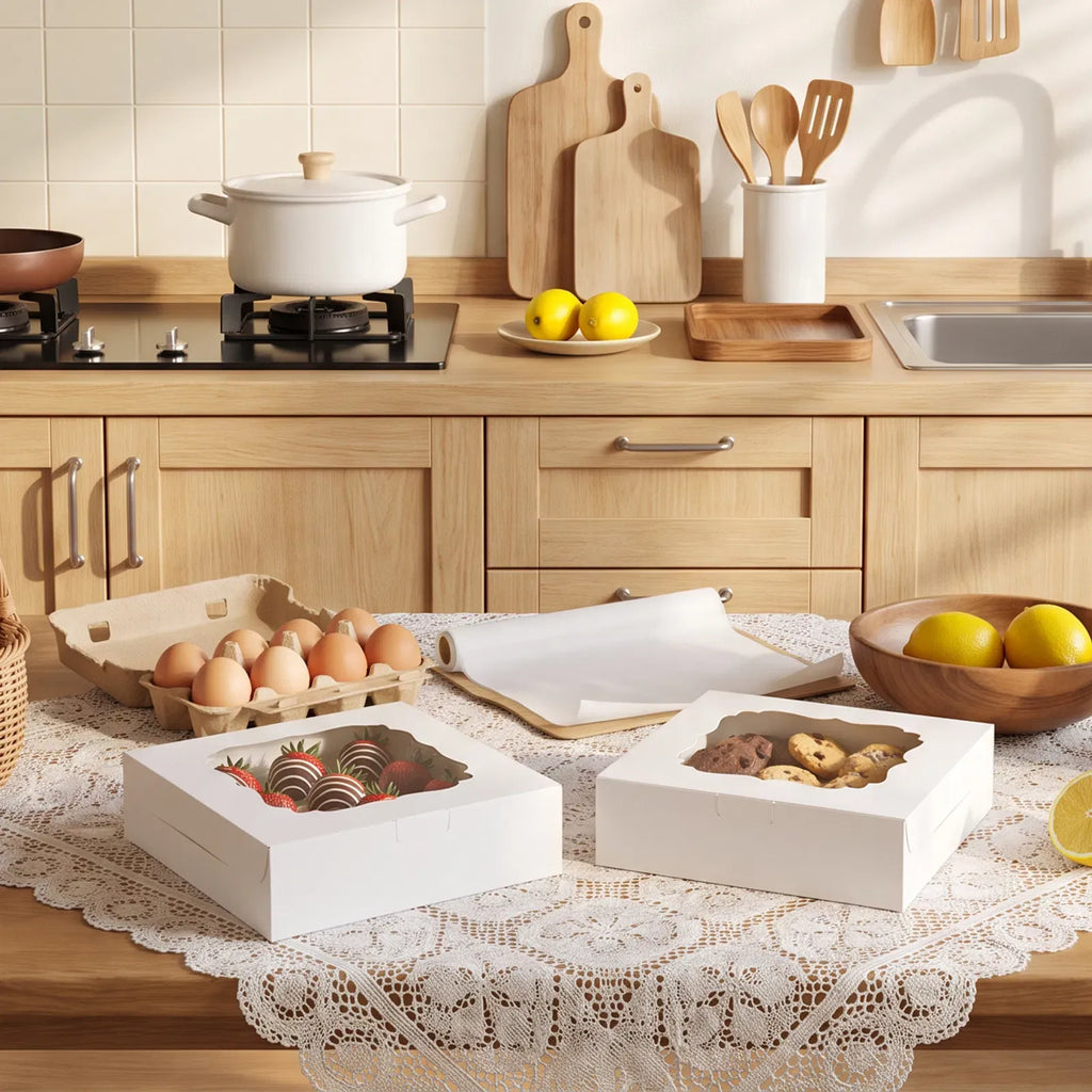 60Pcs 8 Inch White Cookie Boxes with Window, Disposable Paper Bakery Boxes, Easy Assemble Treat Boxes for Donuts Macarons Pastries Desserts