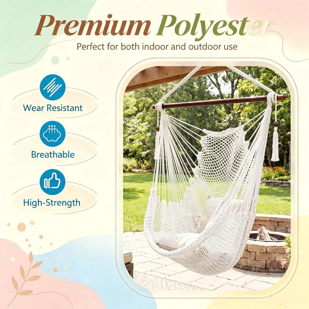 Caribbean Hammock Chair, Woven Rope Hanging Swing with Metal Spreader Bar, 330 lbs Capacity Polyester Hammock for Indoor Outdoor Patio