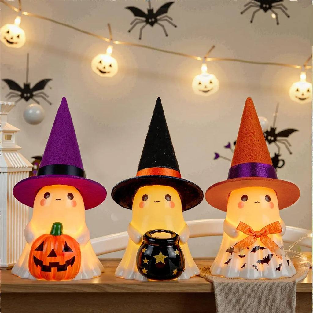 3pc Light-Up Ceramic Ghost Halloween Decorations with Witch Hats, Pumpkin & Cauldron, Indoor Tabletop Decor