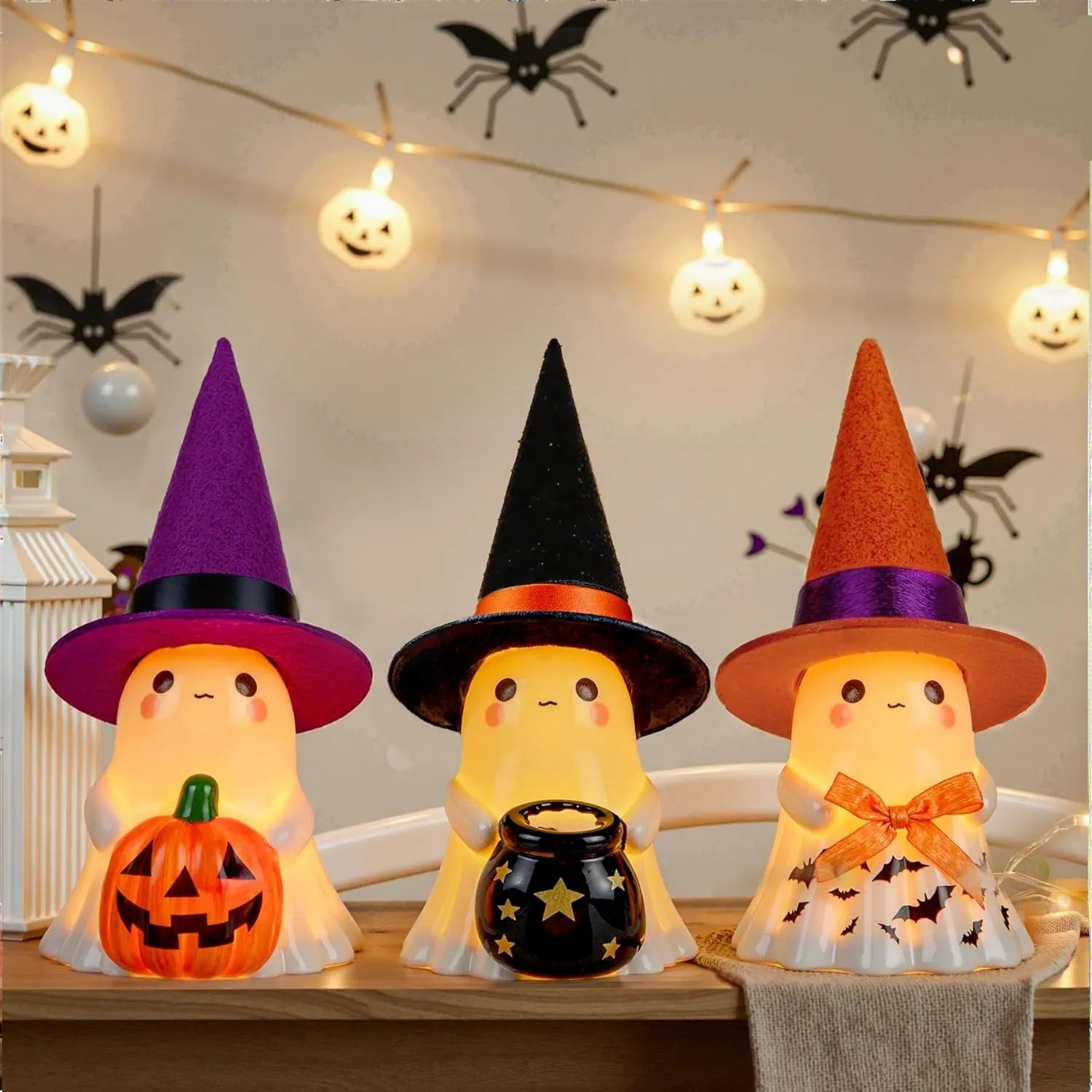 3pc Light-Up Ceramic Ghost Halloween Decorations with Witch Hats, Pumpkin & Cauldron, Indoor Tabletop Decor