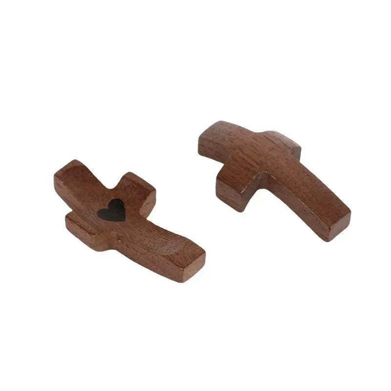 Mini Wooden Pocket Cross with Heart Accent, Handheld Christian Prayer Cross, 1.97in Religious Gift and Faith Decor, Brown