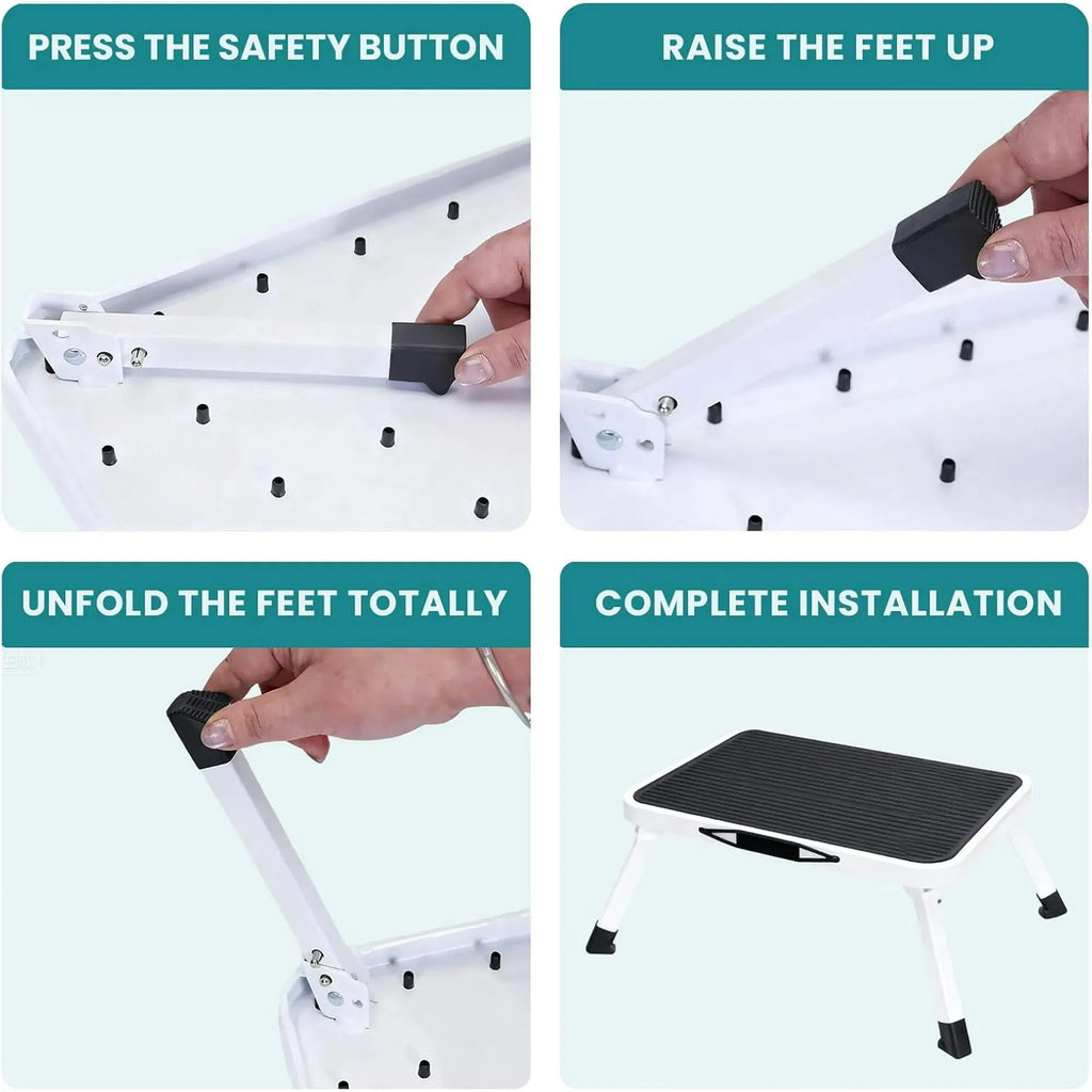 Foldable Steel Step Stool with Non-Slip Rubber Platform, Portable Handle, 330 lb Capacity, 6.69 in Height, White/Black