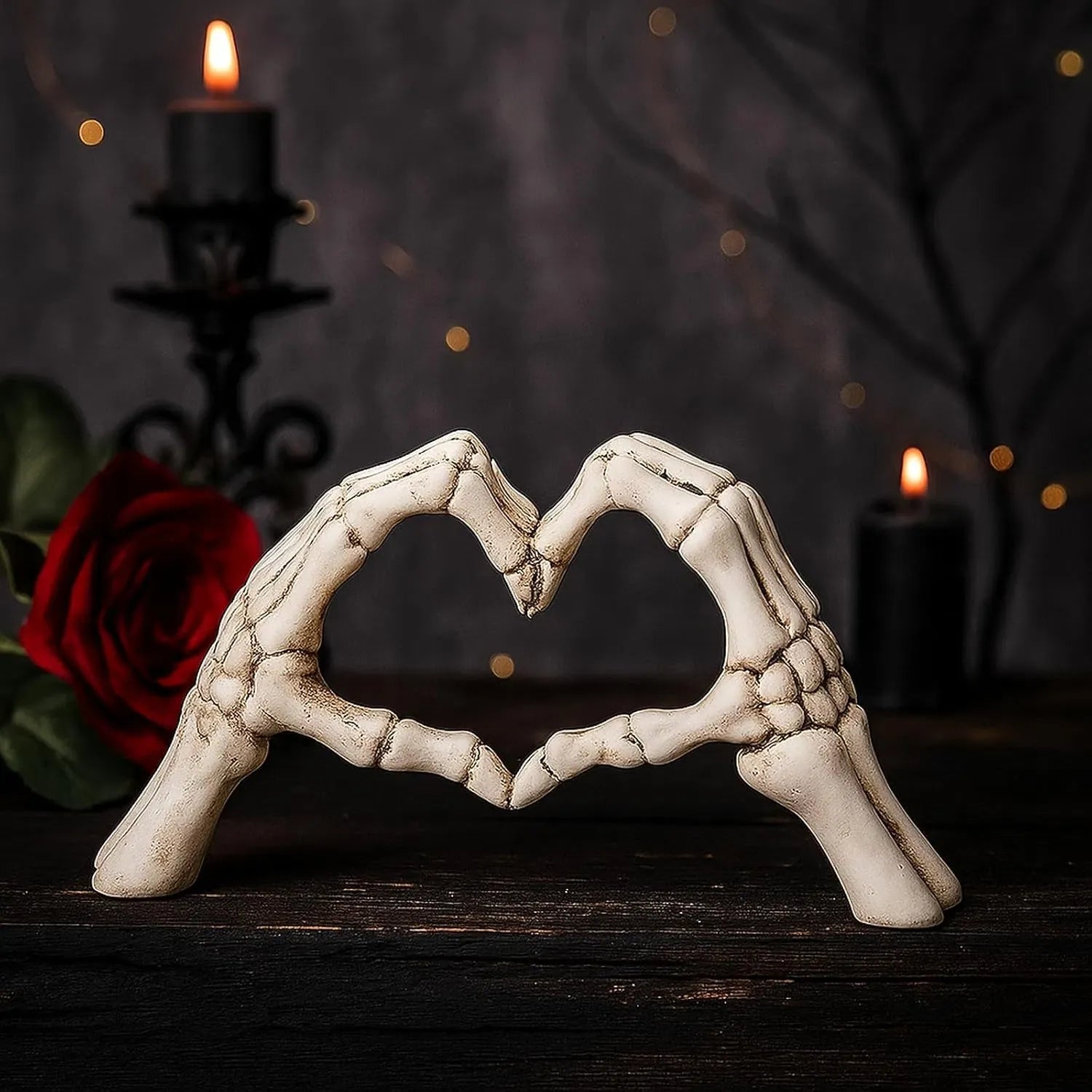 Skeleton Hand Decor, Heart Hands Figurine, Gothic Halloween Tabletop Sculpture for Shelf, Desk or Mantel, White