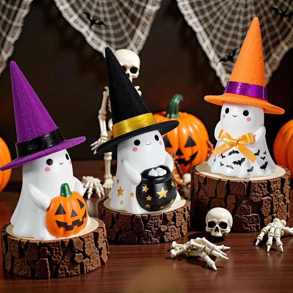 3pc Light-Up Ceramic Ghost Halloween Decorations with Witch Hats, Pumpkin & Cauldron, Indoor Tabletop Decor