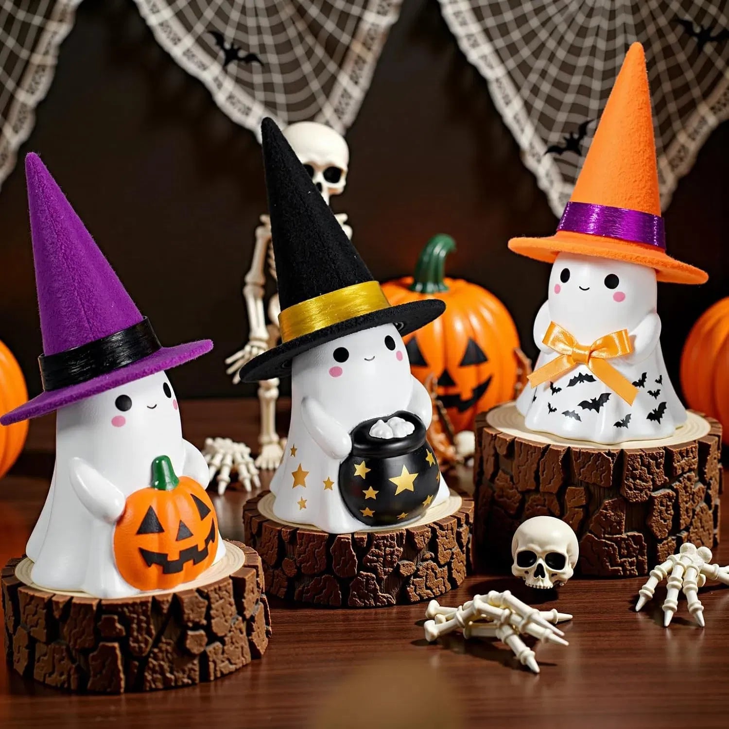 3pc Light-Up Ceramic Ghost Halloween Decorations with Witch Hats, Pumpkin & Cauldron, Indoor Tabletop Decor